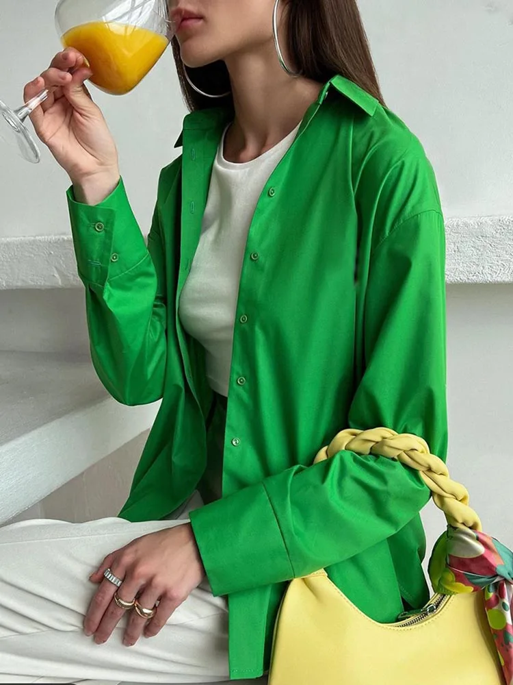 Women's Shirt Beautiful Cotton Oversized Candy Colors Shirts & Blouses Long SleevesSolid Green Blouses for Women Fashion 2026
