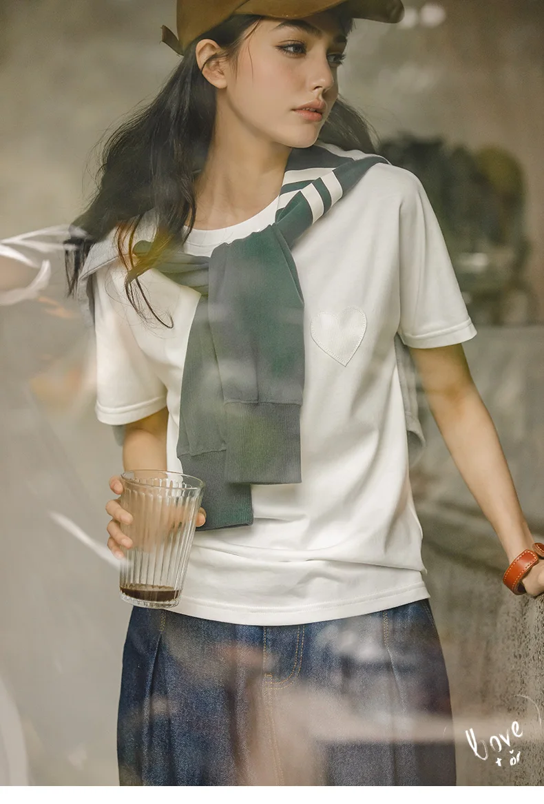Maden Women's Japanese Style Tops Casual Ice Silk Cool T-shirt Summer Basic Round Neck Short Sleeve Top White Underlay Tees