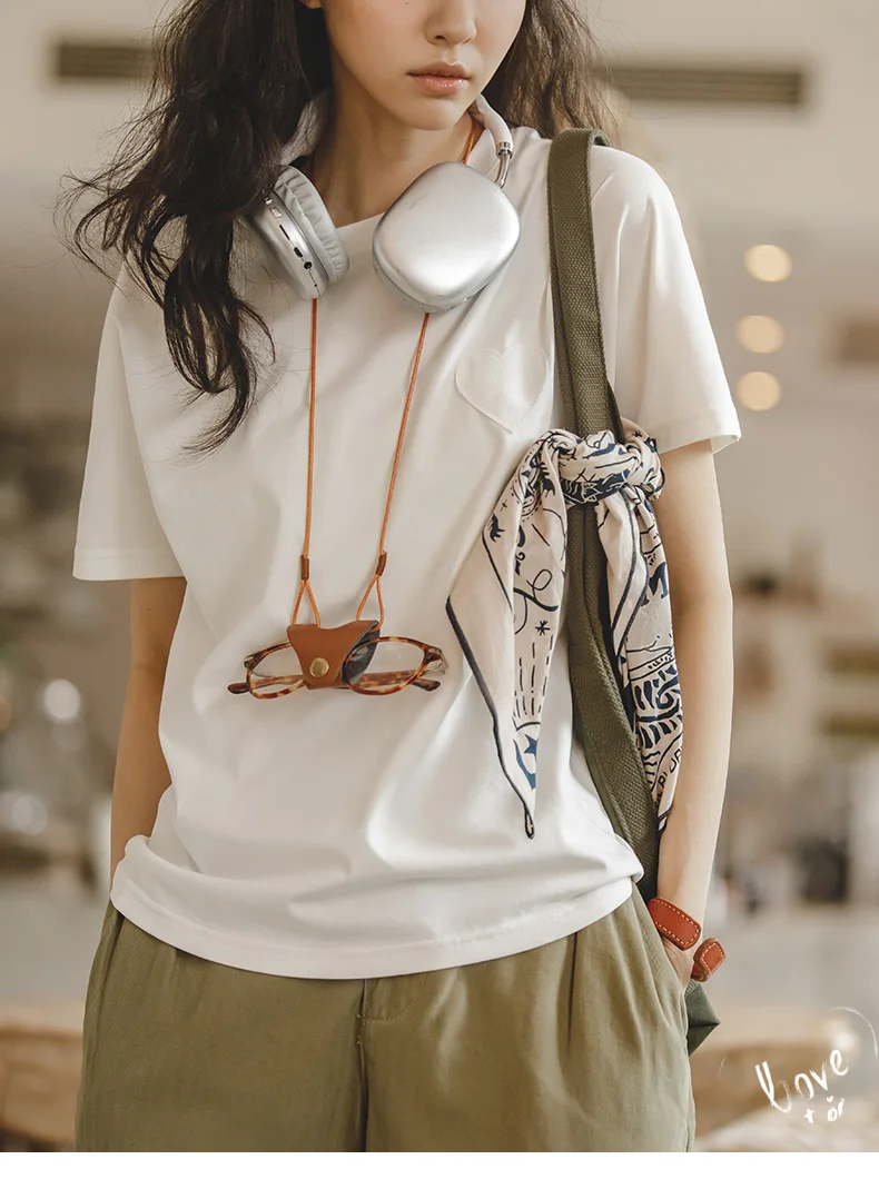 Maden Women's Japanese Style Tops Casual Ice Silk Cool T-shirt Summer Basic Round Neck Short Sleeve Top White Underlay Tees
