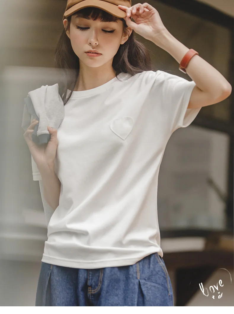 Maden Women's Japanese Style Tops Casual Ice Silk Cool T-shirt Summer Basic Round Neck Short Sleeve Top White Underlay Tees