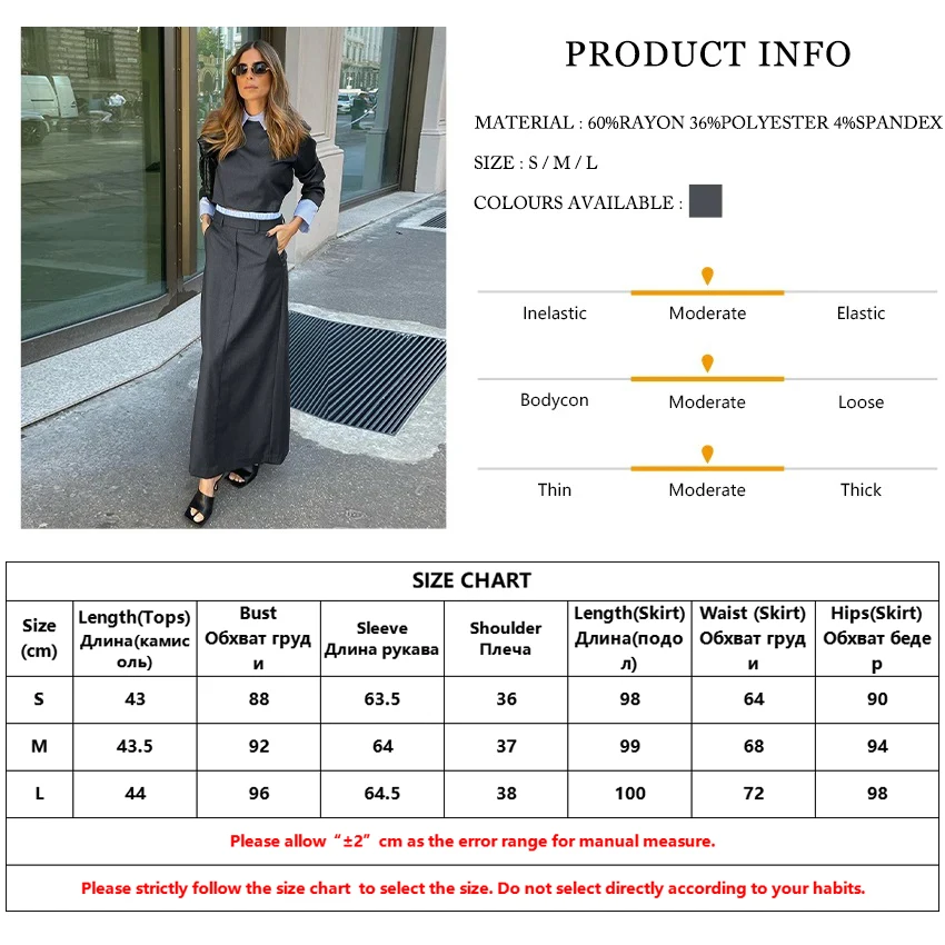 Clacive Fashion Loose Gray Office 2 Piece Set Women Outfit Elegant Long Sleeve Crop Shirt With High Waist Long Skirts Set Female