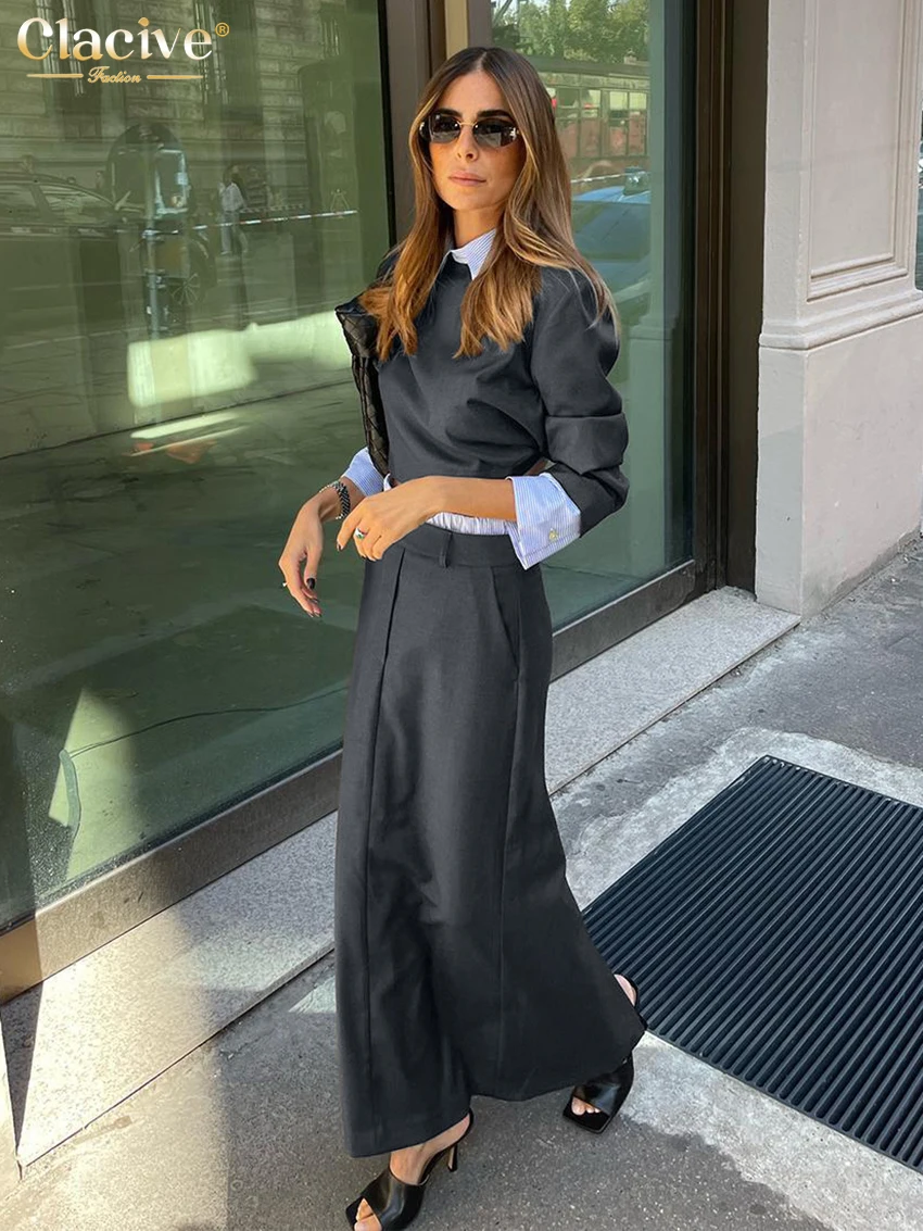 Clacive Fashion Loose Gray Office 2 Piece Set Women Outfit Elegant Long Sleeve Crop Shirt With High Waist Long Skirts Set Female