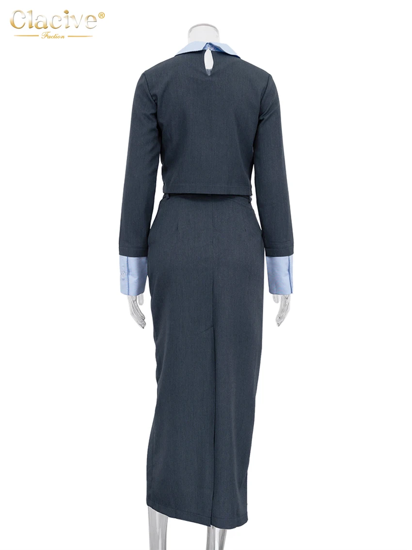 Clacive Fashion Loose Gray Office 2 Piece Set Women Outfit Elegant Long Sleeve Crop Shirt With High Waist Long Skirts Set Female