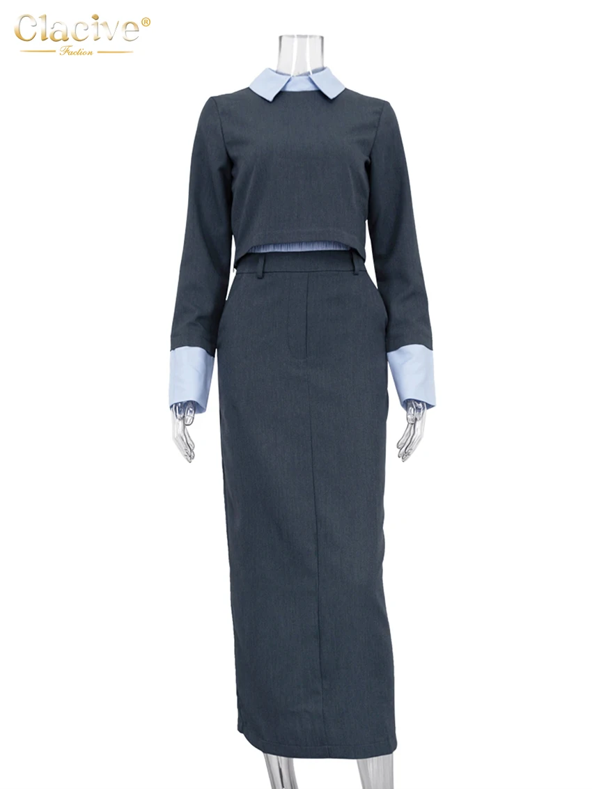 Clacive Fashion Loose Gray Office 2 Piece Set Women Outfit Elegant Long Sleeve Crop Shirt With High Waist Long Skirts Set Female