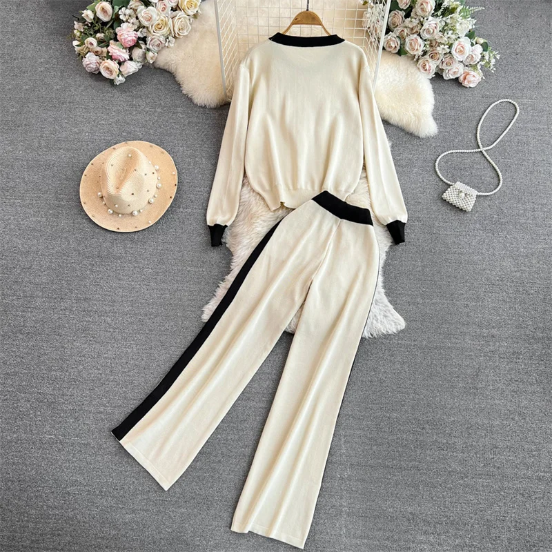 Women's Knitted Sets Tracksuit Pants Suits Autumn New Long Sleeve Flower Pullover Sweater + Wide Leg Pants Casual Two-piece Sets