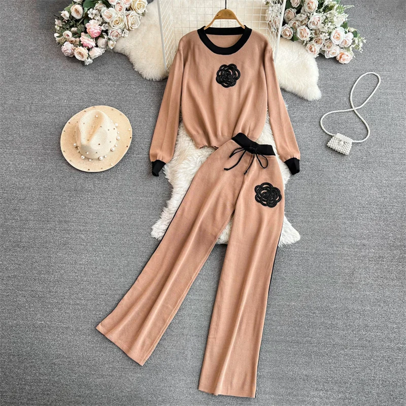 Women's Knitted Sets Tracksuit Pants Suits Autumn New Long Sleeve Flower Pullover Sweater + Wide Leg Pants Casual Two-piece Sets