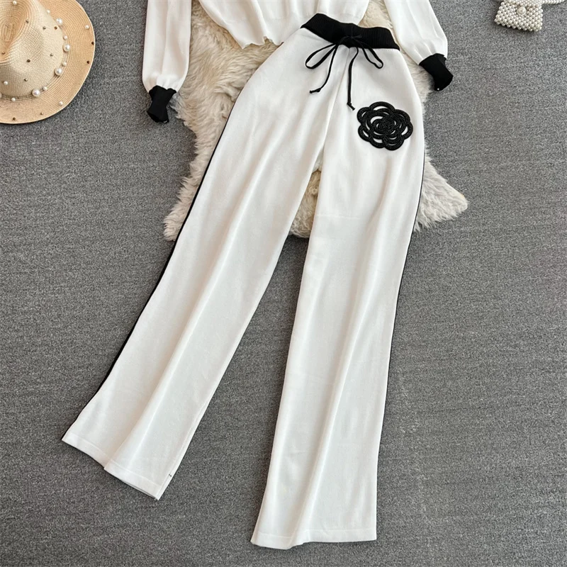 Women's Knitted Sets Tracksuit Pants Suits Autumn New Long Sleeve Flower Pullover Sweater + Wide Leg Pants Casual Two-piece Sets