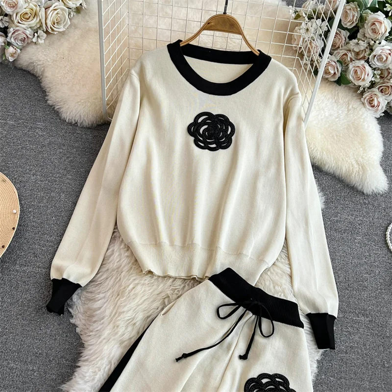 Women's Knitted Sets Tracksuit Pants Suits Autumn New Long Sleeve Flower Pullover Sweater + Wide Leg Pants Casual Two-piece Sets