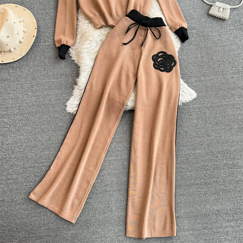 Women's Knitted Sets Tracksuit Pants Suits Autumn New Long Sleeve Flower Pullover Sweater + Wide Leg Pants Casual Two-piece Sets