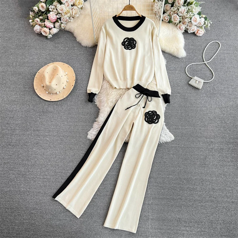 Women's Knitted Sets Tracksuit Pants Suits Autumn New Long Sleeve Flower Pullover Sweater + Wide Leg Pants Casual Two-piece Sets