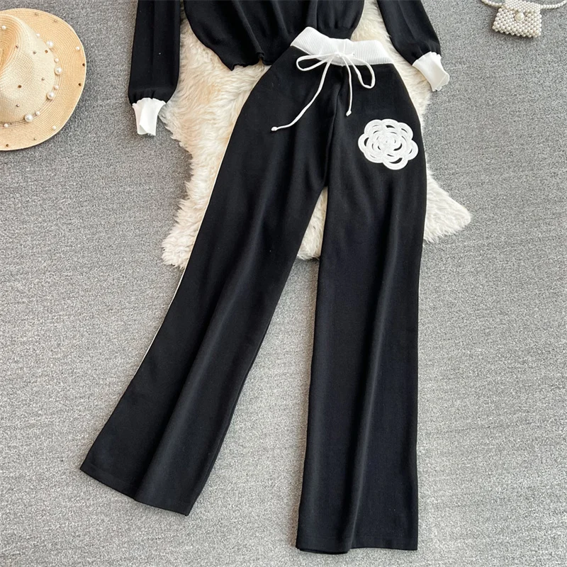 Women's Knitted Sets Tracksuit Pants Suits Autumn New Long Sleeve Flower Pullover Sweater + Wide Leg Pants Casual Two-piece Sets