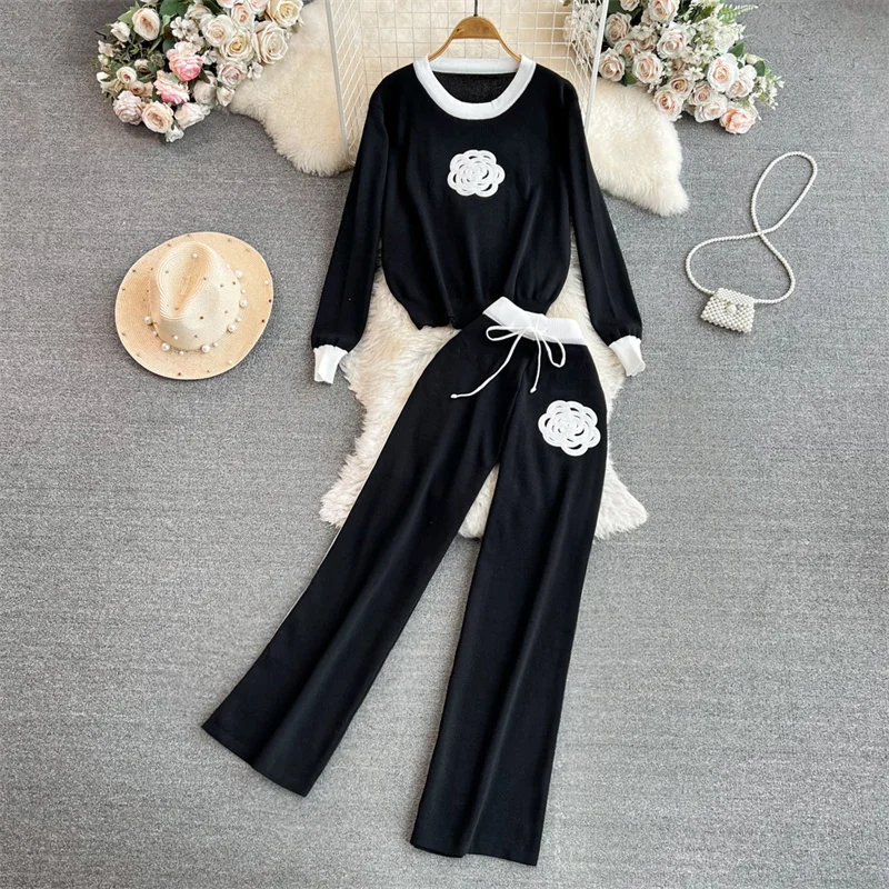 Women's Knitted Sets Tracksuit Pants Suits Autumn New Long Sleeve Flower Pullover Sweater + Wide Leg Pants Casual Two-piece Sets