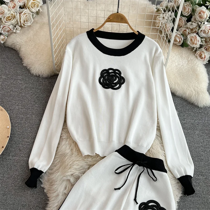 Women's Knitted Sets Tracksuit Pants Suits Autumn New Long Sleeve Flower Pullover Sweater + Wide Leg Pants Casual Two-piece Sets