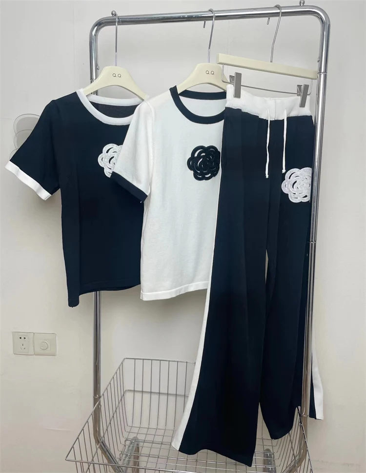 Women's Knitted Sets Tracksuit Pants Suits Autumn New Long Sleeve Flower Pullover Sweater + Wide Leg Pants Casual Two-piece Sets