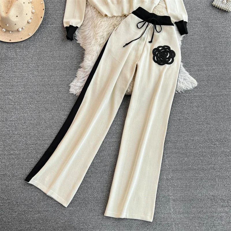 Women's Knitted Sets Tracksuit Pants Suits Autumn New Long Sleeve Flower Pullover Sweater + Wide Leg Pants Casual Two-piece Sets
