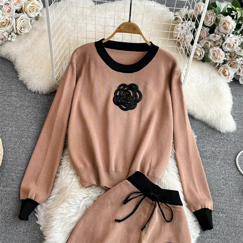 Women's Knitted Sets Tracksuit Pants Suits Autumn New Long Sleeve Flower Pullover Sweater + Wide Leg Pants Casual Two-piece Sets