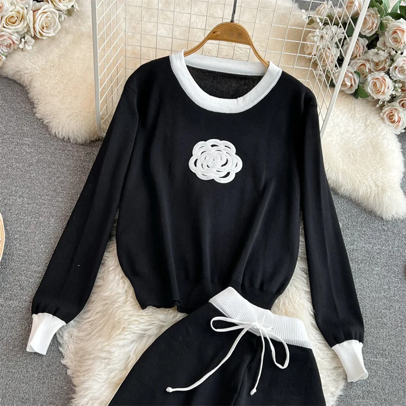 Women's Knitted Sets Tracksuit Pants Suits Autumn New Long Sleeve Flower Pullover Sweater + Wide Leg Pants Casual Two-piece Sets