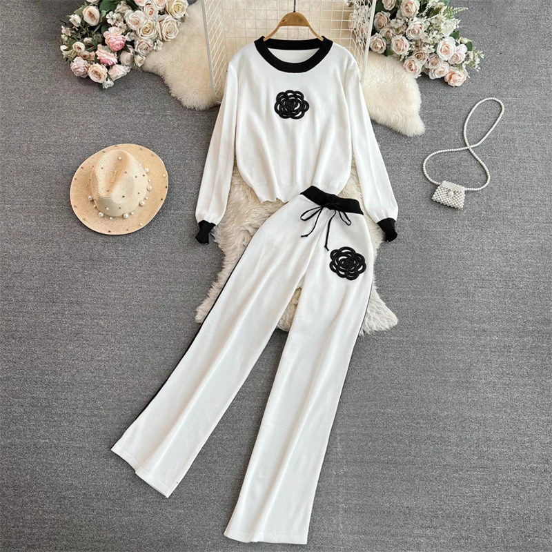 Women's Knitted Sets Tracksuit Pants Suits Autumn New Long Sleeve Flower Pullover Sweater + Wide Leg Pants Casual Two-piece Sets