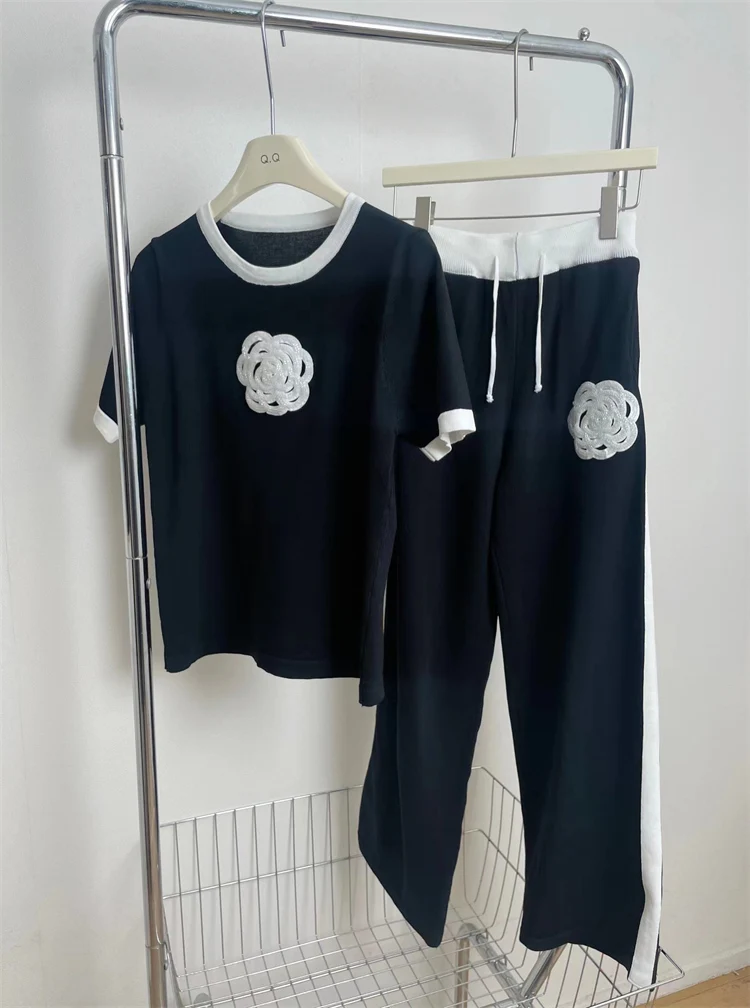 Women's Knitted Sets Tracksuit Pants Suits Autumn New Long Sleeve Flower Pullover Sweater + Wide Leg Pants Casual Two-piece Sets