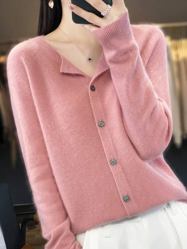 Spring Autumn Women's Fashion Merino Wool Sweater Knitted Cashmere Cardigan Basic Long Sleeve O-Neck Knitwear Clothing Tops