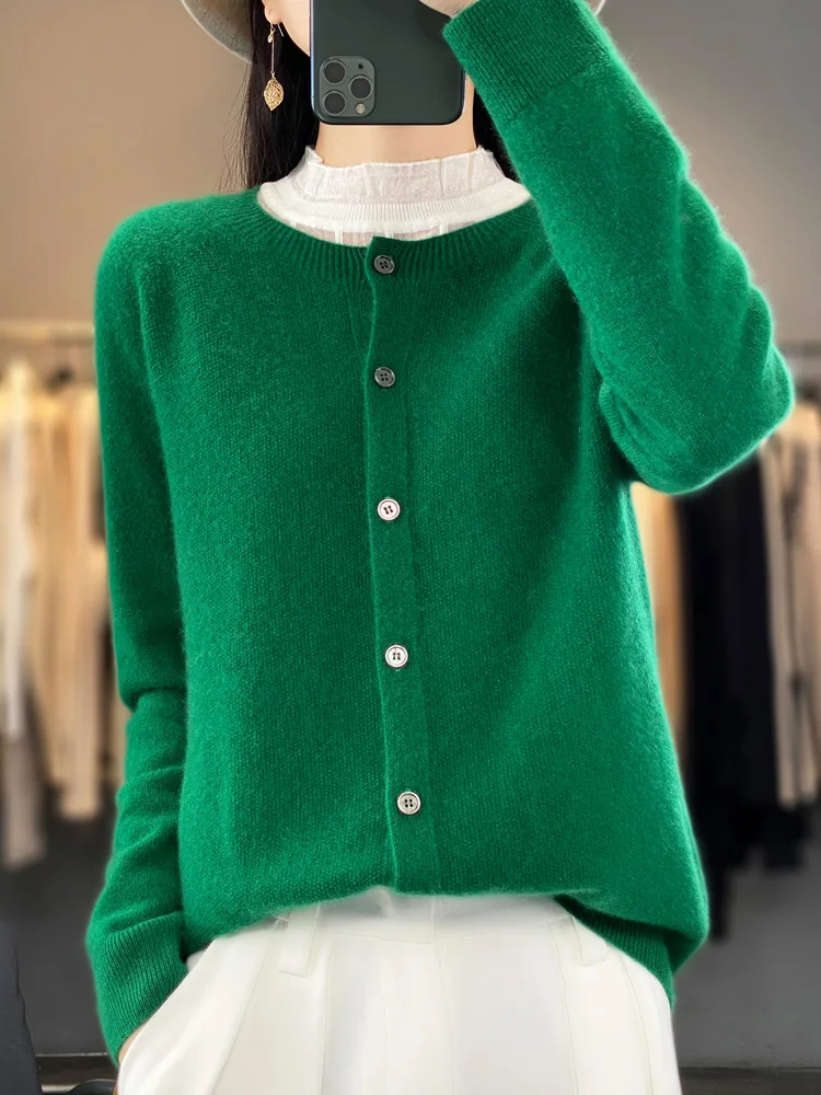 Spring Autumn Women's Fashion Merino Wool Sweater Knitted Cashmere Cardigan Basic Long Sleeve O-Neck Knitwear Clothing Tops