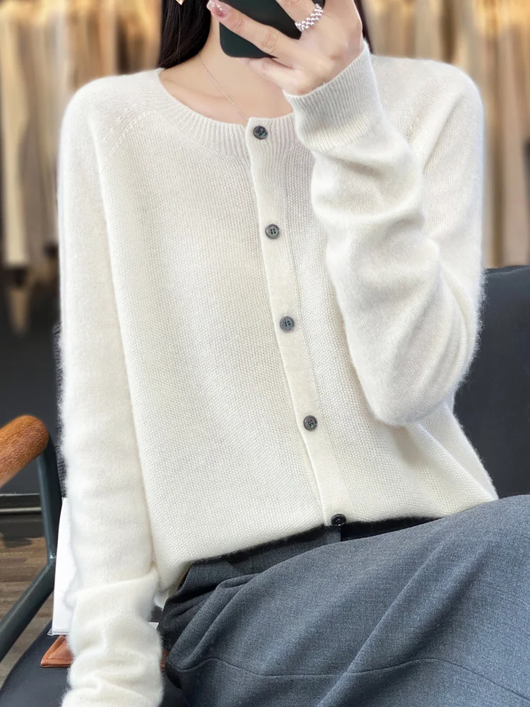 Spring Autumn Women's Fashion Merino Wool Sweater Knitted Cashmere Cardigan Basic Long Sleeve O-Neck Knitwear Clothing Tops
