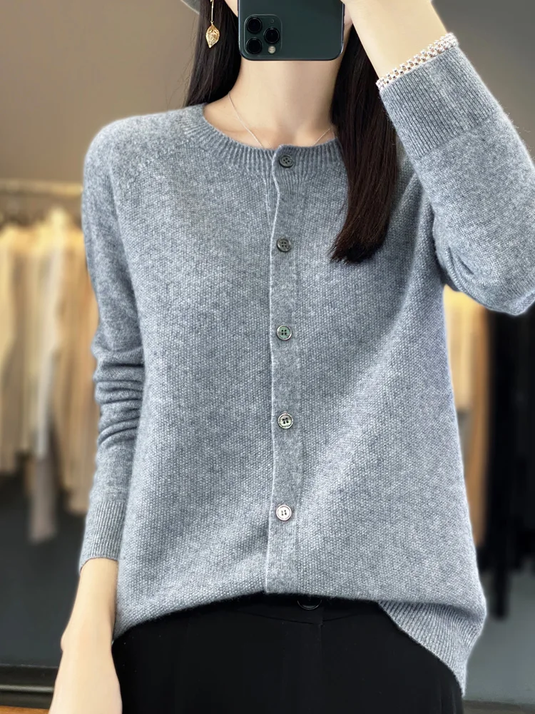 Spring Autumn Women's Fashion Merino Wool Sweater Knitted Cashmere Cardigan Basic Long Sleeve O-Neck Knitwear Clothing Tops