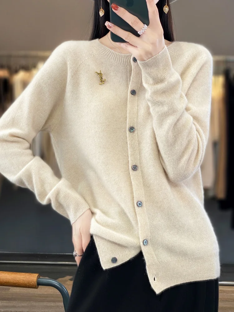Spring Autumn Women's Fashion Merino Wool Sweater Knitted Cashmere Cardigan Basic Long Sleeve O-Neck Knitwear Clothing Tops
