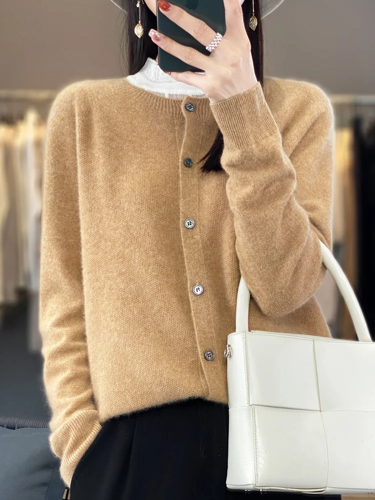 Spring Autumn Women's Fashion Merino Wool Sweater Knitted Cashmere Cardigan Basic Long Sleeve O-Neck Knitwear Clothing Tops