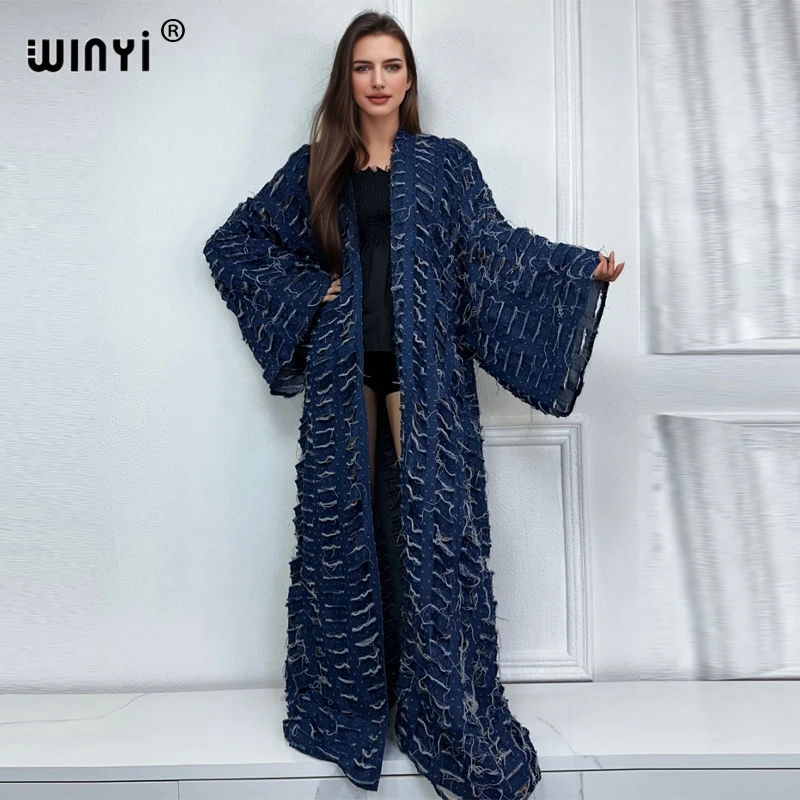WINYI New Faashion Coat for Women New 2023 Loose Overcoat Autumn Hollow Denim Long Down Coat Swimsuit Cover Up Winter Kimono
