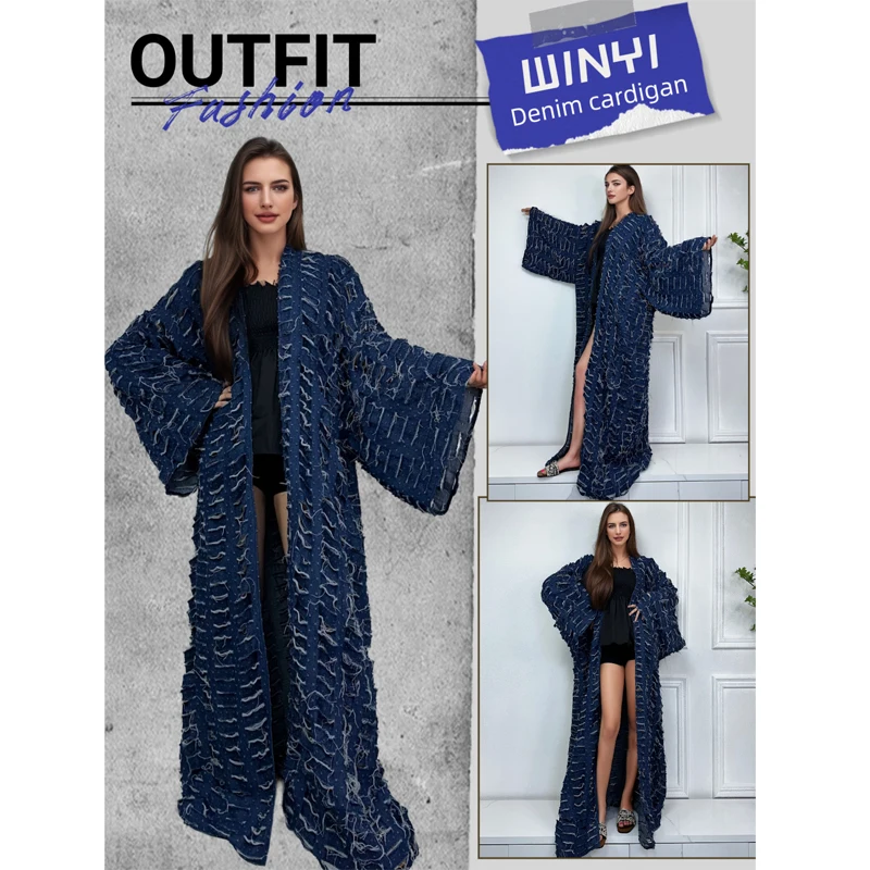 WINYI New Faashion Coat for Women New 2023 Loose Overcoat Autumn Hollow Denim Long Down Coat Swimsuit Cover Up Winter Kimono