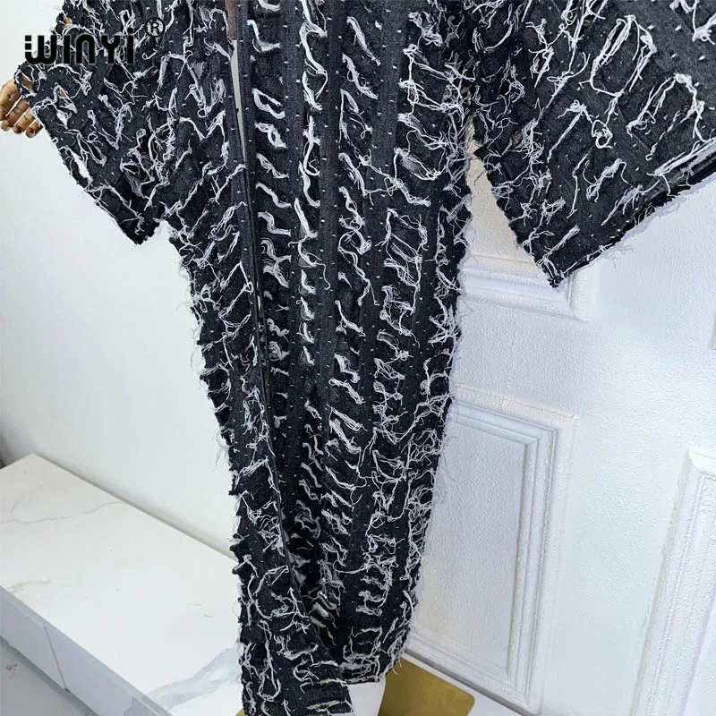 WINYI New Faashion Coat for Women New 2023 Loose Overcoat Autumn Hollow Denim Long Down Coat Swimsuit Cover Up Winter Kimono
