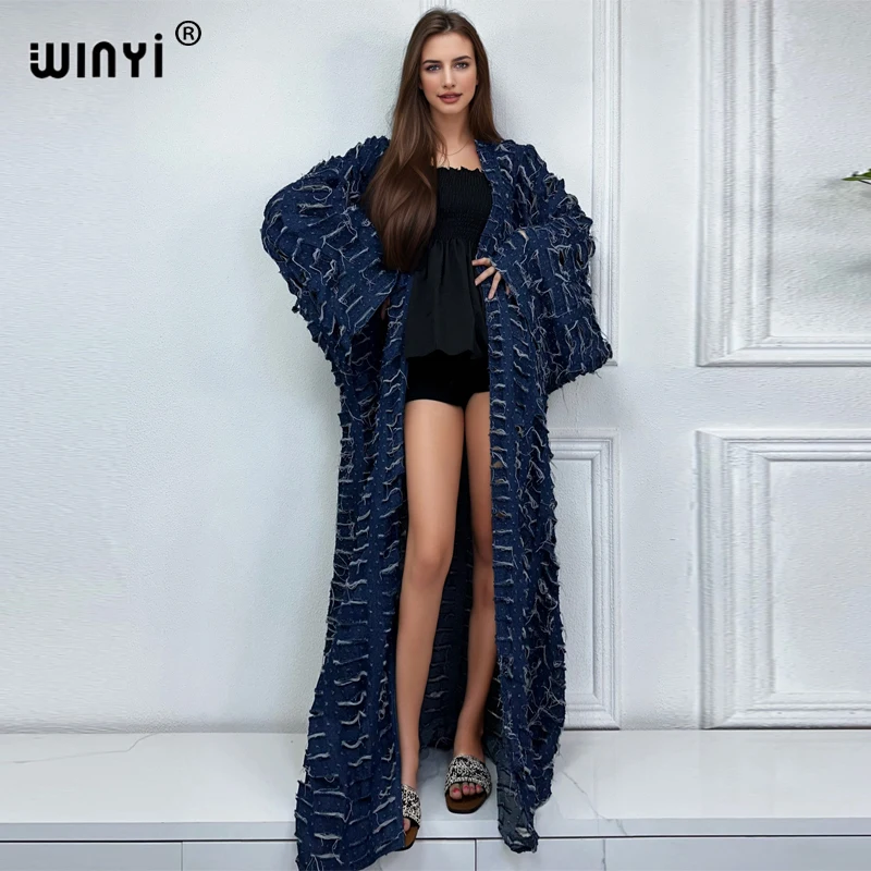 WINYI New Faashion Coat for Women New 2023 Loose Overcoat Autumn Hollow Denim Long Down Coat Swimsuit Cover Up Winter Kimono
