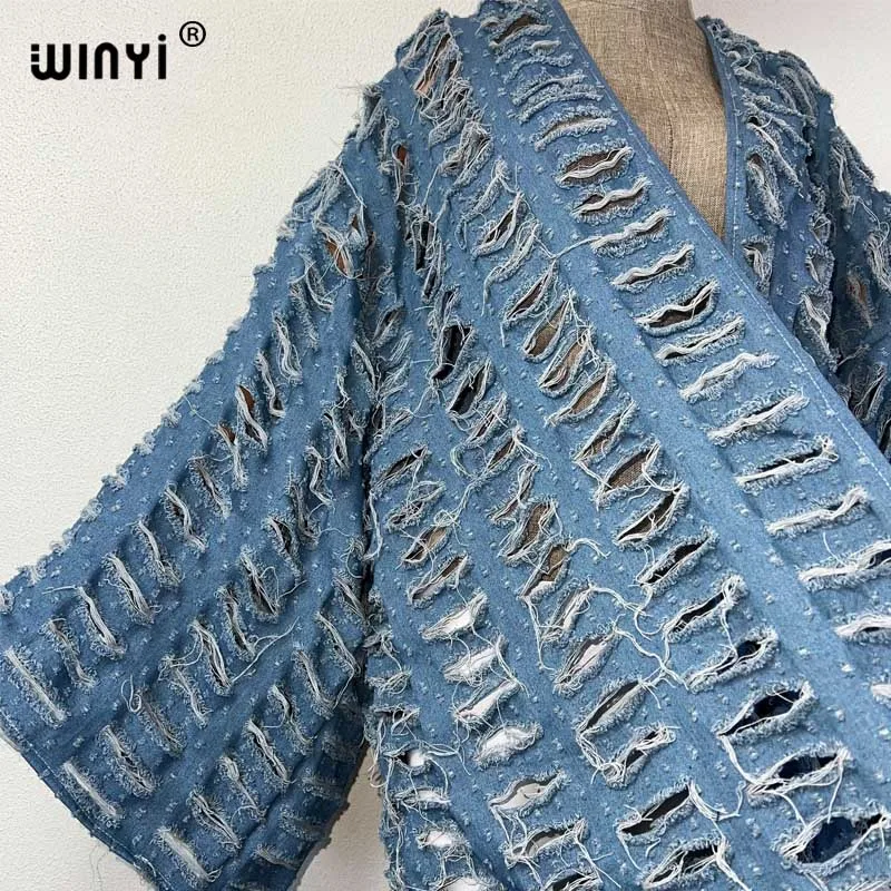 WINYI New Faashion Coat for Women New 2023 Loose Overcoat Autumn Hollow Denim Long Down Coat Swimsuit Cover Up Winter Kimono