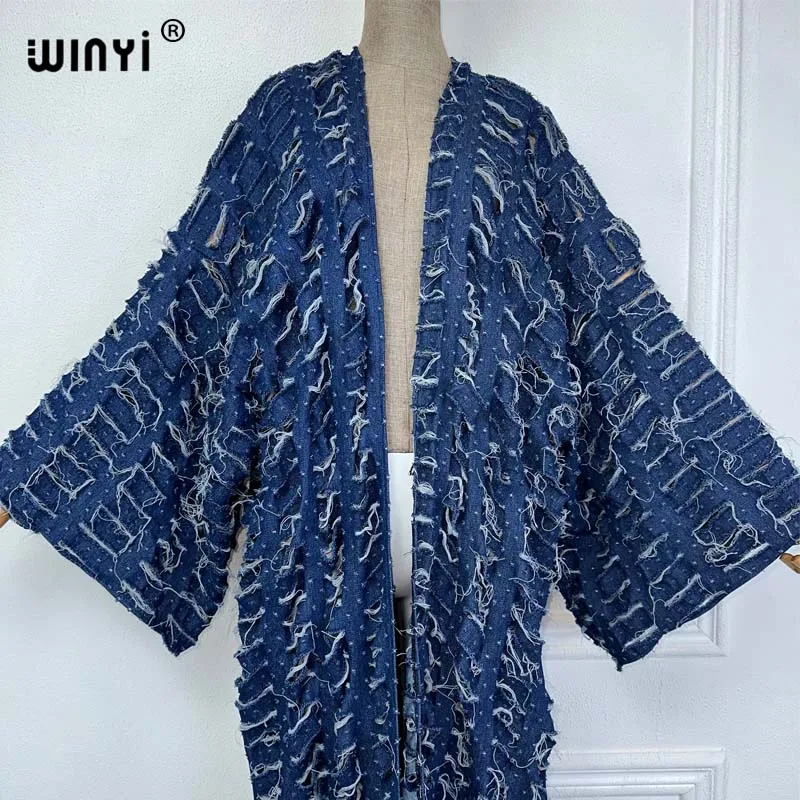WINYI New Faashion Coat for Women New 2023 Loose Overcoat Autumn Hollow Denim Long Down Coat Swimsuit Cover Up Winter Kimono