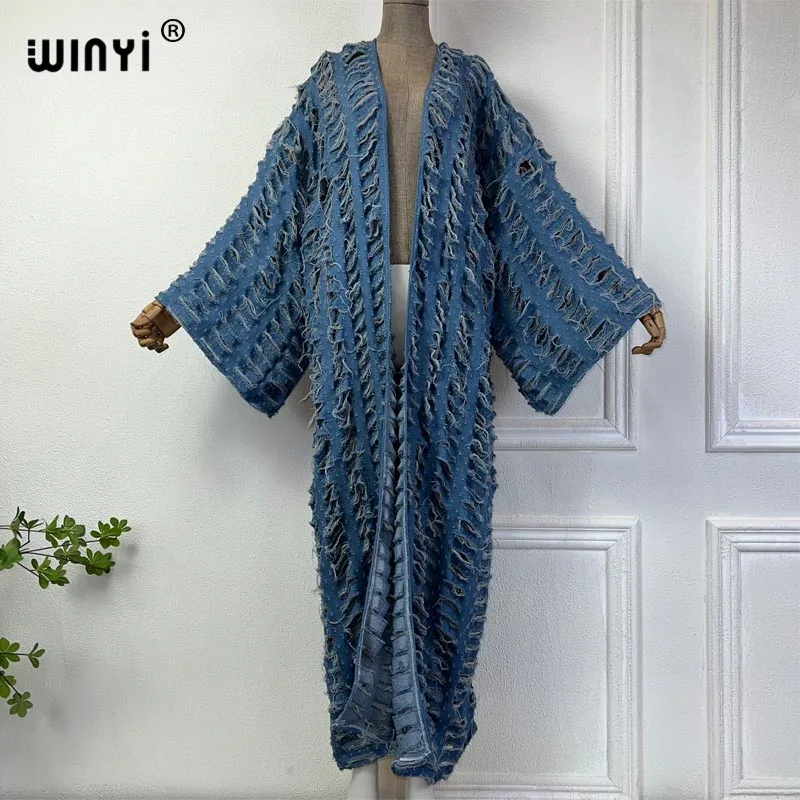 WINYI New Faashion Coat for Women New 2023 Loose Overcoat Autumn Hollow Denim Long Down Coat Swimsuit Cover Up Winter Kimono