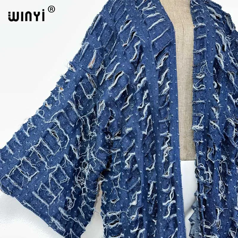 WINYI New Faashion Coat for Women New 2023 Loose Overcoat Autumn Hollow Denim Long Down Coat Swimsuit Cover Up Winter Kimono