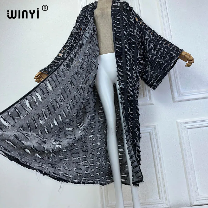 WINYI New Faashion Coat for Women New 2023 Loose Overcoat Autumn Hollow Denim Long Down Coat Swimsuit Cover Up Winter Kimono