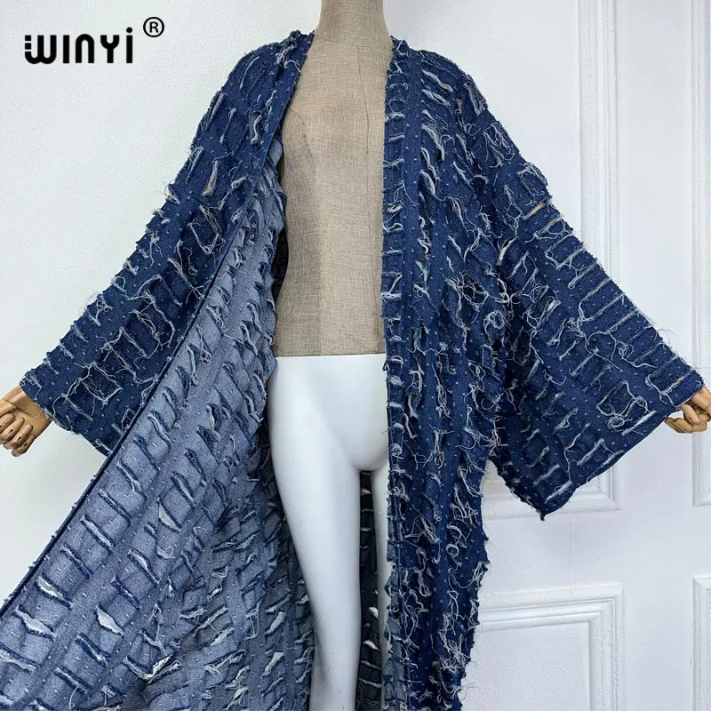 WINYI New Faashion Coat for Women New 2023 Loose Overcoat Autumn Hollow Denim Long Down Coat Swimsuit Cover Up Winter Kimono