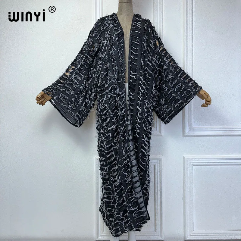 WINYI New Faashion Coat for Women New 2023 Loose Overcoat Autumn Hollow Denim Long Down Coat Swimsuit Cover Up Winter Kimono