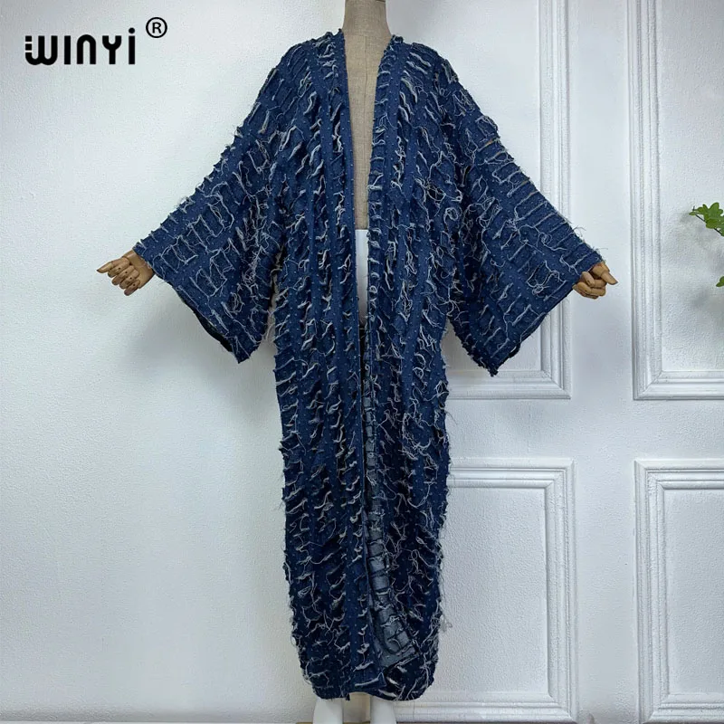 WINYI New Faashion Coat for Women New 2023 Loose Overcoat Autumn Hollow Denim Long Down Coat Swimsuit Cover Up Winter Kimono