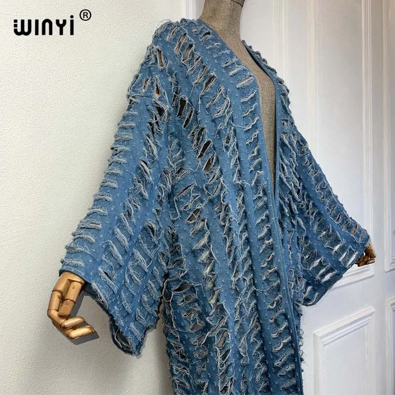 WINYI New Faashion Coat for Women New 2023 Loose Overcoat Autumn Hollow Denim Long Down Coat Swimsuit Cover Up Winter Kimono