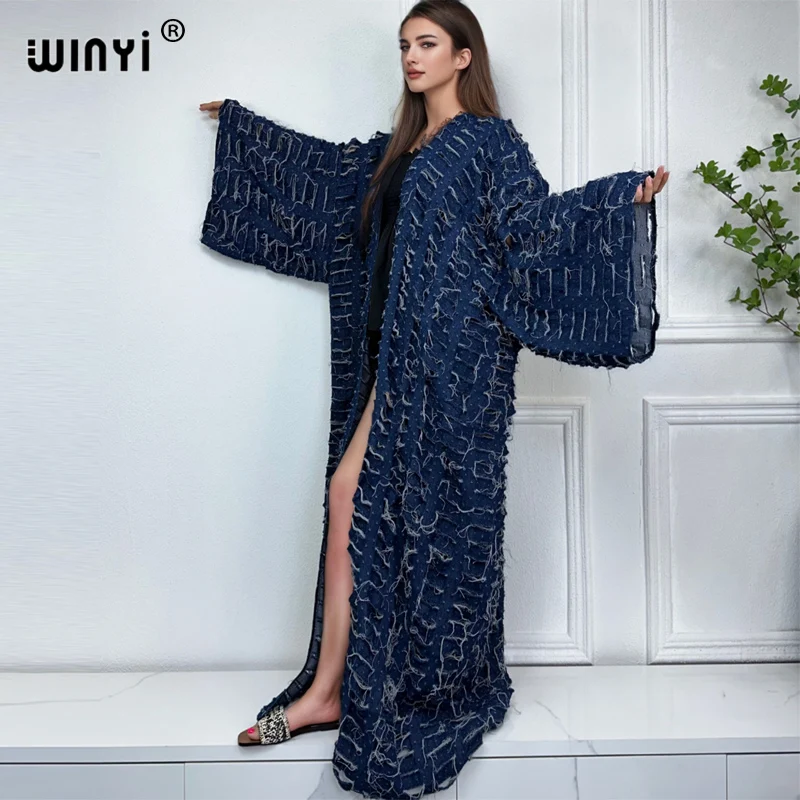 WINYI New Faashion Coat for Women New 2023 Loose Overcoat Autumn Hollow Denim Long Down Coat Swimsuit Cover Up Winter Kimono