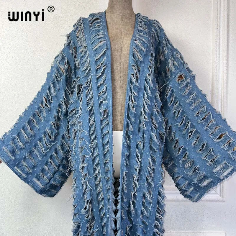 WINYI New Faashion Coat for Women New 2023 Loose Overcoat Autumn Hollow Denim Long Down Coat Swimsuit Cover Up Winter Kimono