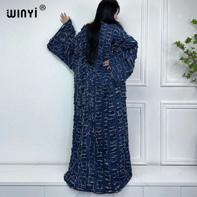 WINYI New Faashion Coat for Women New 2023 Loose Overcoat Autumn Hollow Denim Long Down Coat Swimsuit Cover Up Winter Kimono