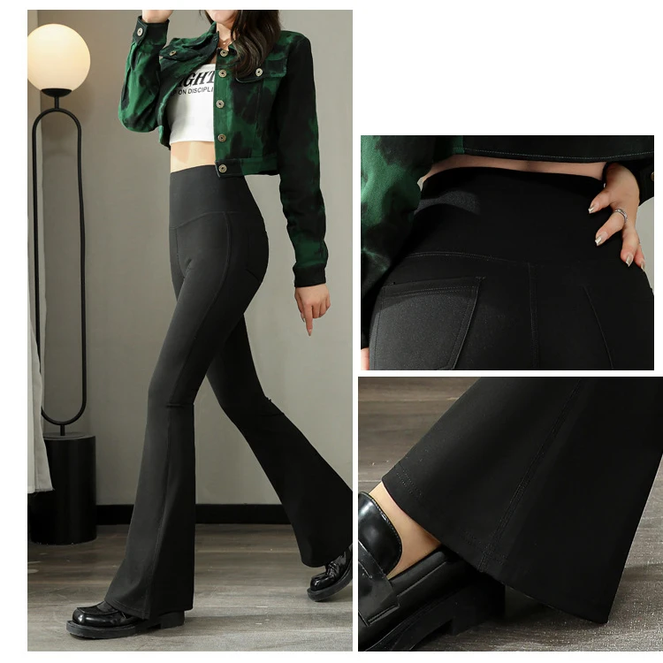 BIVIGAOS Fashion Back Pocket Shark Flared Pants Women Tight-Fit Sexy Slim High Waist Pants Push Up Sport Fitness Flare Leggings