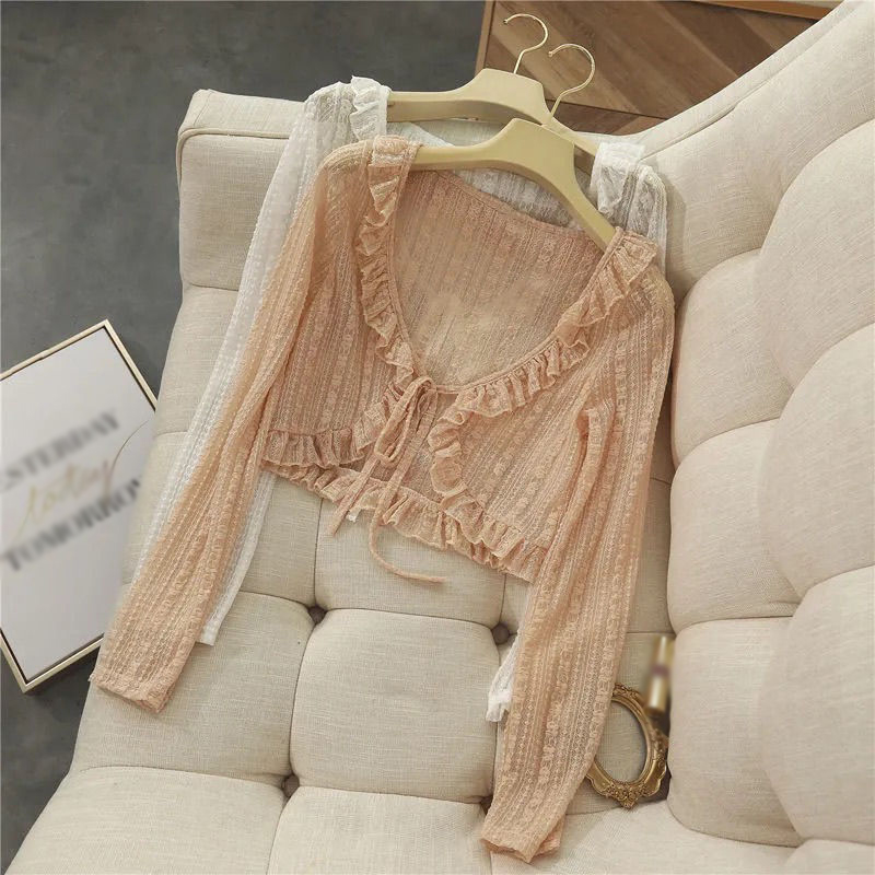 Women Summer Sun Protection Coat Lace Bow Ruffle Cardigan Shirt Female Blouse Tops for Woman Covers Blusa White Y2K Korean Tee
