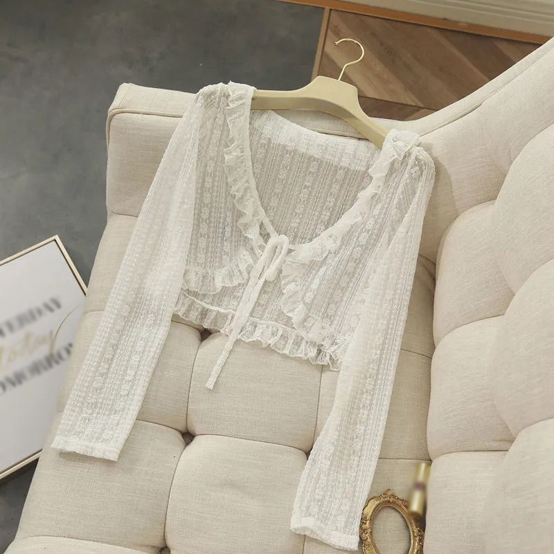 Women Summer Sun Protection Coat Lace Bow Ruffle Cardigan Shirt Female Blouse Tops for Woman Covers Blusa White Y2K Korean Tee