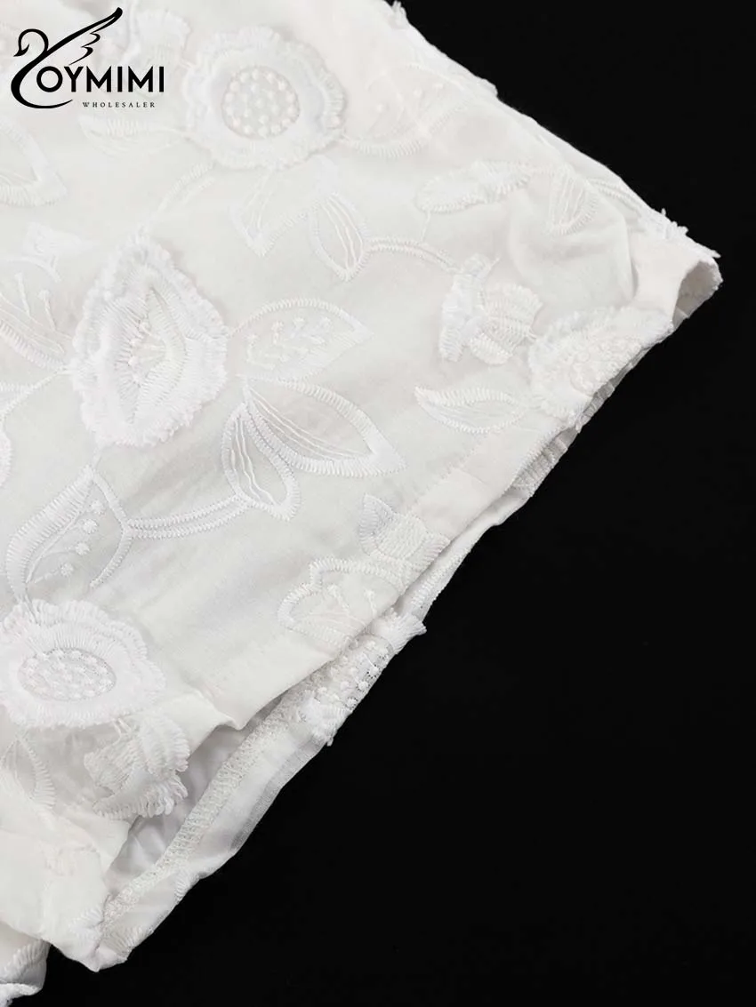 Oymimi Summer White Cotton 2 Piece Sets Women Outfit Casual Jacquard Button Wrist Sleeve Shirts And High Waist Shorts Female Set