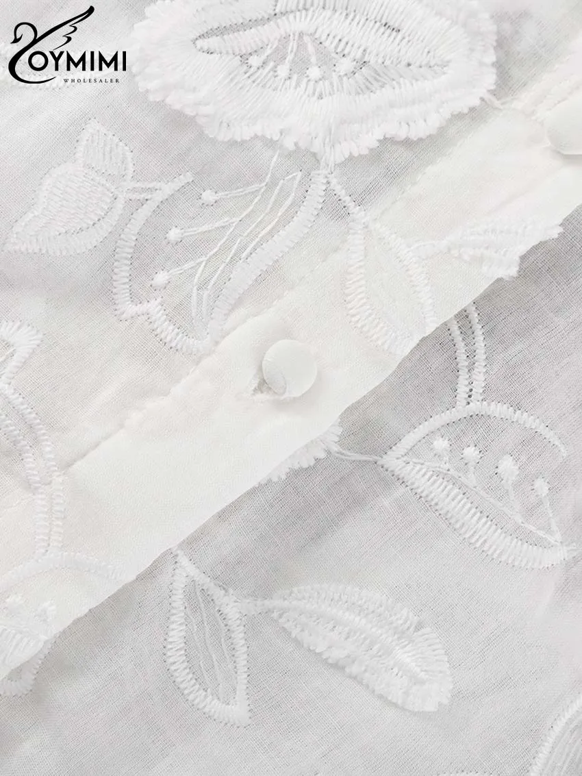 Oymimi Summer White Cotton 2 Piece Sets Women Outfit Casual Jacquard Button Wrist Sleeve Shirts And High Waist Shorts Female Set